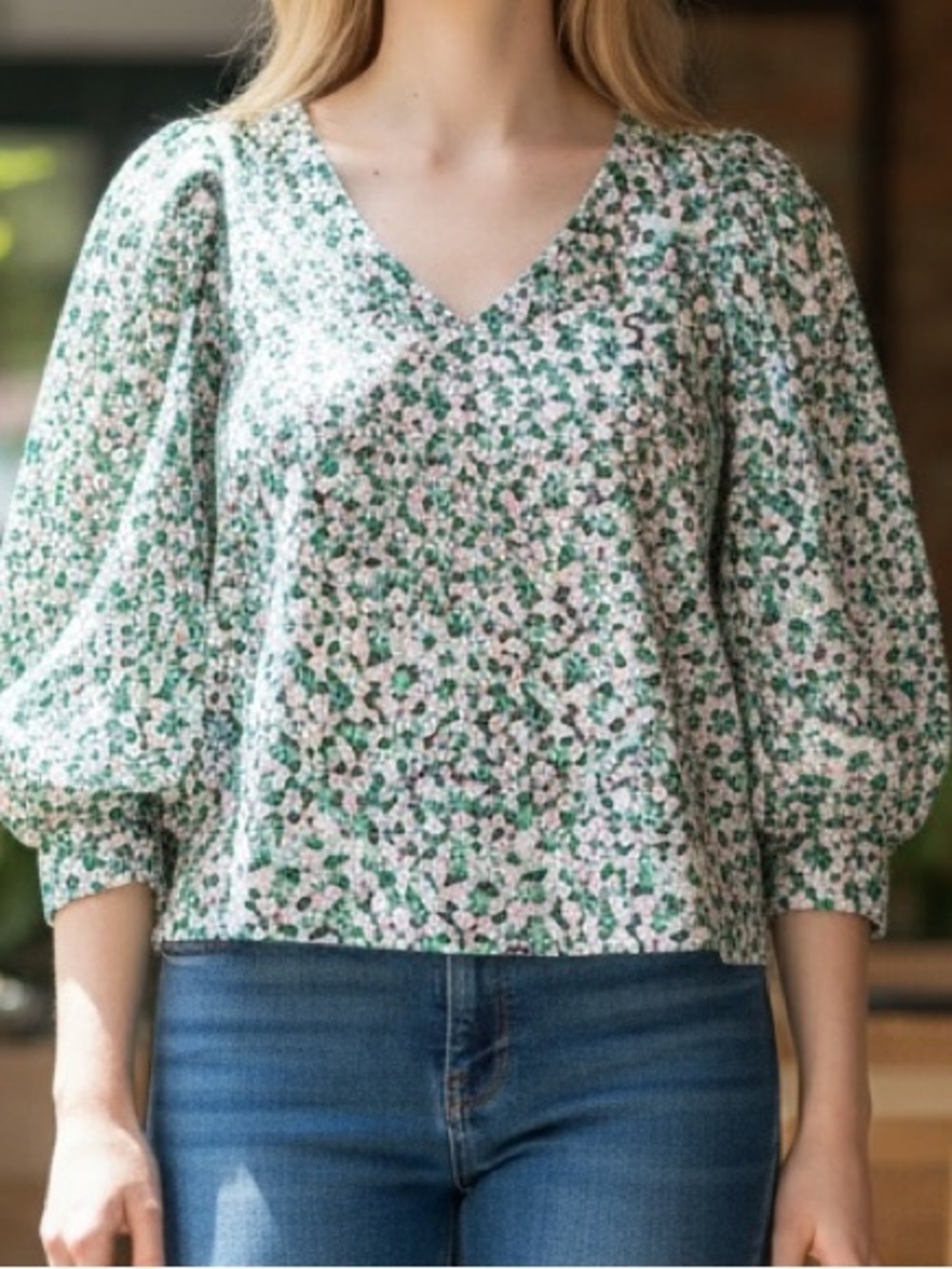a new day Green and Pink Floral V-Neck Blouse